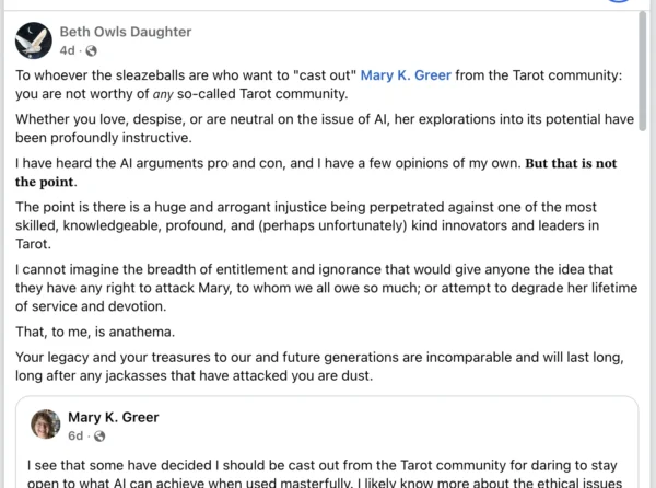 Tarot and AI: My Case For and Against AI - 12 Beth Owls Daughter's Post Supporting Mary