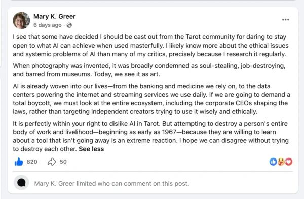Tarot and AI: My Case For and Against AI - 11 Screenshot of Mary's Post